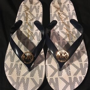Michael Kors White and Navy Blue Flip Flops